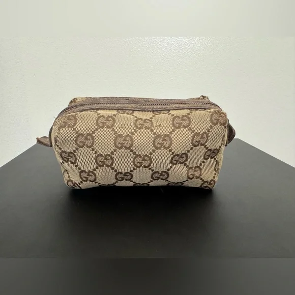 Gucci Beige and Brown Monogram GG Canvas Pouch Vintage with Leather Trim - Picture 1 of 9